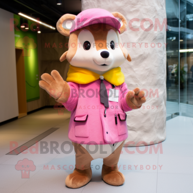 Pink Marten mascot costume character dressed with a Parka and Pocket squares