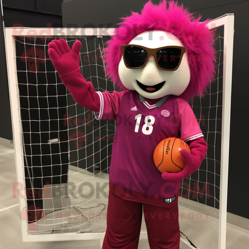 Magenta Volleyball Net mascot costume character dressed with a Moto Jacket and Reading glasses