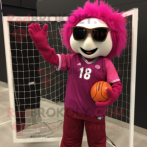 Magenta Volleyball Net mascot costume character dressed with a Moto Jacket and Reading glasses