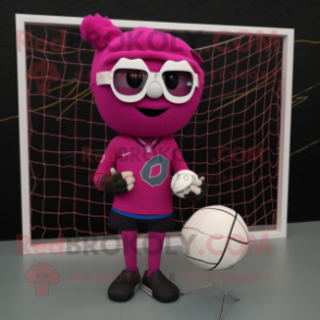 Magenta Volleyball Net mascot costume character dressed with a Moto Jacket and Reading glasses