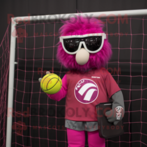 Magenta Volleyball Net mascot costume character dressed with a Moto Jacket and Reading glasses