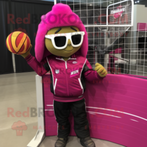 Magenta Volleyball Net mascot costume character dressed with a Moto Jacket and Reading glasses