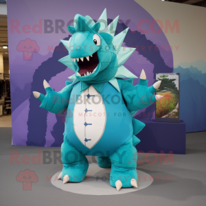 Cyan Stegosaurus mascot costume character dressed with a Culottes and Cufflinks