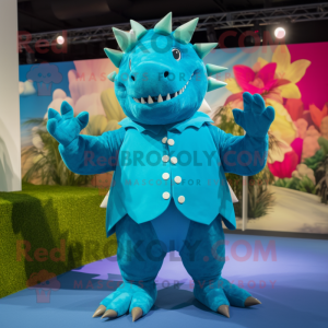 Cyan Stegosaurus mascot costume character dressed with a Culottes and Cufflinks