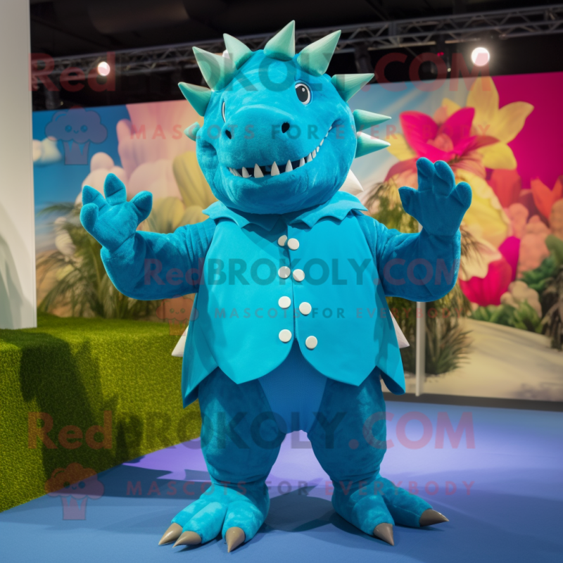 Cyan Stegosaurus mascot costume character dressed with a Culottes and Cufflinks Cyan Stegosaurus mascot costume character dressed with a Culottes and Cufflinks