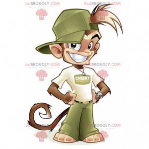 Mascotte de singe marron en tenue verte et blanche -