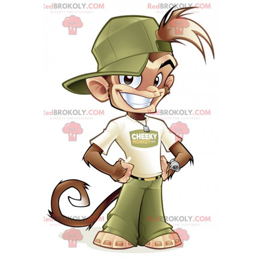 Mascota mono marrón en traje verde y blanco - Redbrokoly.com