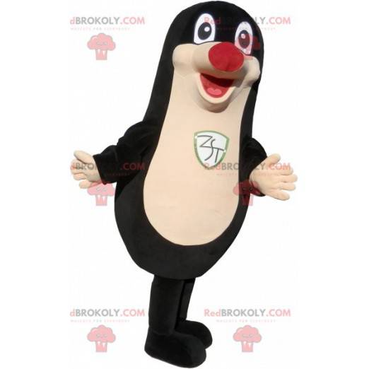 Mascote foca preta roliça e divertida com nariz vermelho -