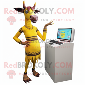 Yellow Okapi mascot costume character dressed with a A-Line Dress and Digital watches