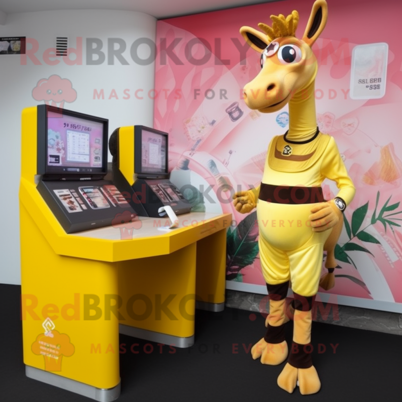 Yellow Okapi mascot costume character dressed with a A-Line Dress and Digital watches