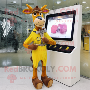 Yellow Okapi mascot costume character dressed with a A-Line Dress and Digital watches