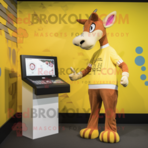 Yellow Okapi mascot costume character dressed with a A-Line Dress and Digital watches