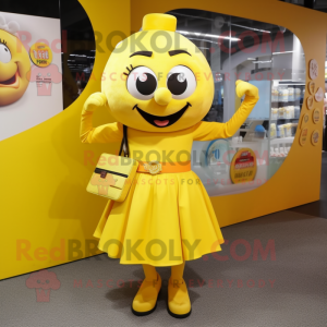 Yellow But mascot costume character dressed with a Mini Skirt and Clutch bags