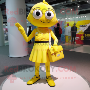 Yellow But mascot costume character dressed with a Mini Skirt and Clutch bags