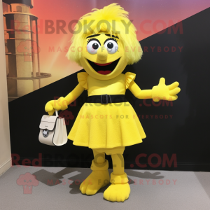 Yellow But mascot costume character dressed with a Mini Skirt and Clutch bags