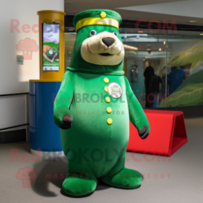 Green Sea Lion mascot costume character dressed with a Turtleneck and Hat pins