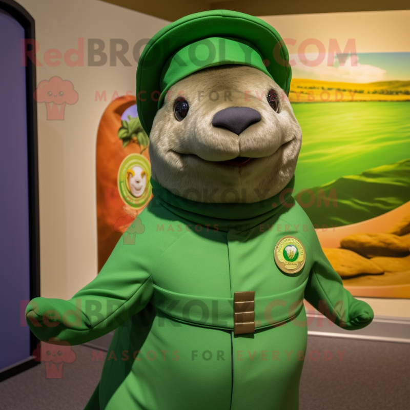 Green Sea Lion mascot costume character dressed with a Turtleneck and Hat pins