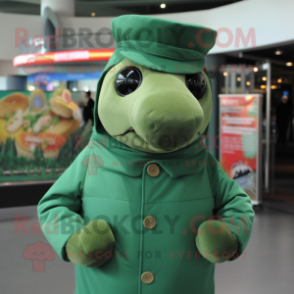 Green Sea Lion mascot costume character dressed with a Turtleneck and Hat pins