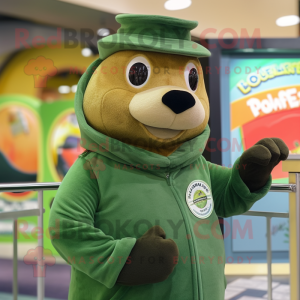 Green Sea Lion mascot costume character dressed with a Turtleneck and Hat pins
