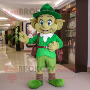 Olive Leprechaun mascot costume character dressed with a Polo Shirt and Clutch bags