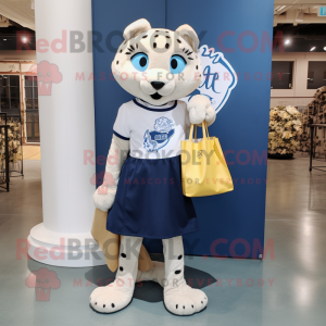 Navy Cheetah mascot costume character dressed with a Pleated Skirt and Tote bags