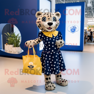 Navy Cheetah mascot costume character dressed with a Pleated Skirt and Tote bags