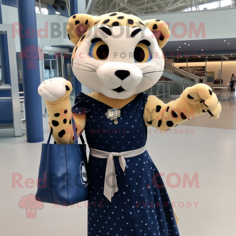 Navy Cheetah mascot costume character dressed with a Pleated Skirt and Tote bags