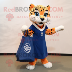 Navy Cheetah mascot costume character dressed with a Pleated Skirt and Tote bags