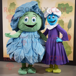 Blue Cabbage mascot costume character dressed with a Shift Dress and Cummerbunds