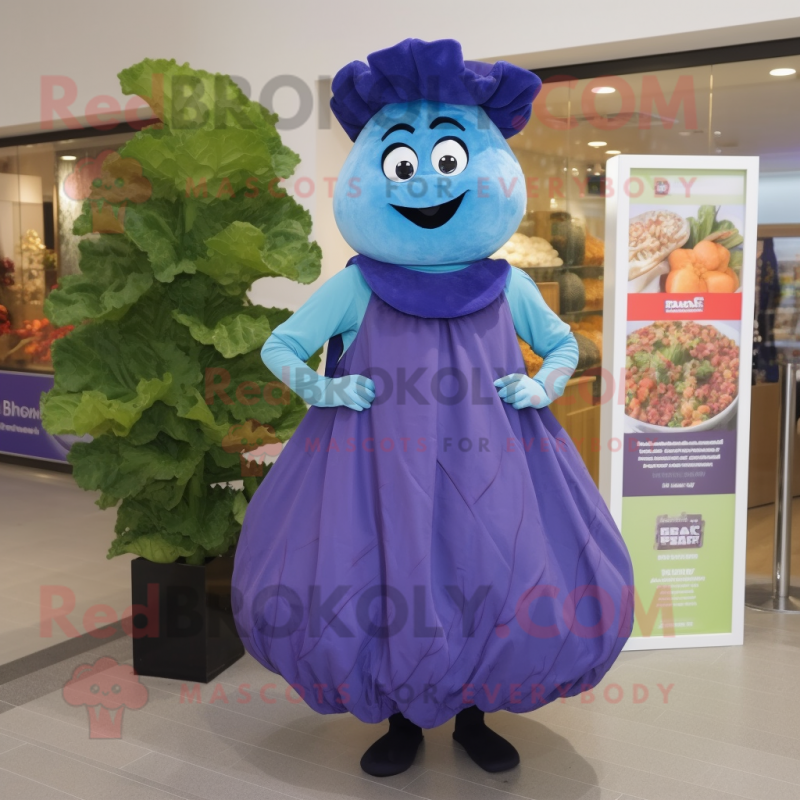 Blue Cabbage mascot costume character dressed with a Shift Dress and Cummerbunds