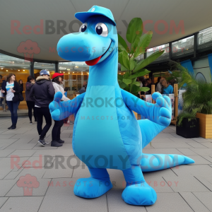 Sky Blue Brachiosaurus mascot costume character dressed with a Trousers and Caps