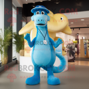 Sky Blue Brachiosaurus mascot costume character dressed with a Trousers and Caps