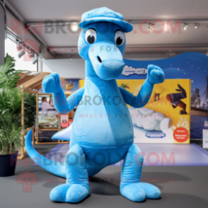 Sky Blue Brachiosaurus mascot costume character dressed with a Trousers and Caps