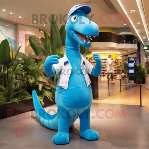 Sky Blue Brachiosaurus mascot costume character dressed with a Trousers and Caps