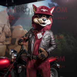 Maroon Dingo mascot costume character dressed with a Biker Jacket and Hats