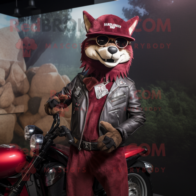 Maroon Dingo mascot costume character dressed with a Biker Jacket and Hats Maroon Dingo mascot costume character dressed with a Biker Jacket and Hats