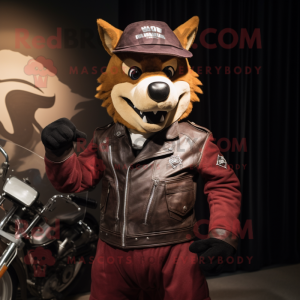 Maroon Dingo mascot costume character dressed with a Biker Jacket and Hats