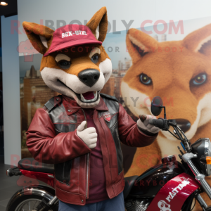 Maroon Dingo mascot costume character dressed with a Biker Jacket and Hats