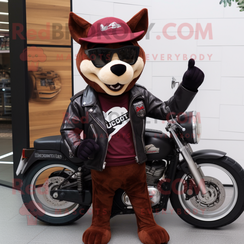 Maroon Dingo mascot costume character dressed with a Biker Jacket and Hats Maroon Dingo mascot costume character dressed with a Biker Jacket and Hats