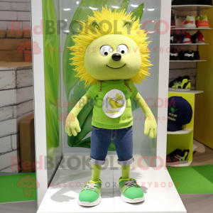 Lime Green Hedgehog mascot costume character dressed with a Denim Shorts and Shoe clips