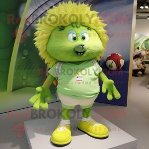 Lime Green Hedgehog mascot costume character dressed with a Denim Shorts and Shoe clips