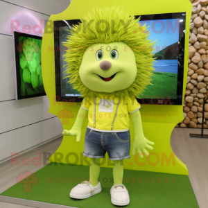 Lime Green Hedgehog mascot costume character dressed with a Denim Shorts and Shoe clips