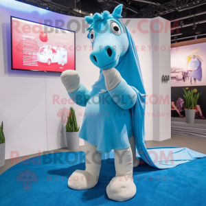 Sky Blue Horse mascot costume character dressed with a Trousers and Shawl pins