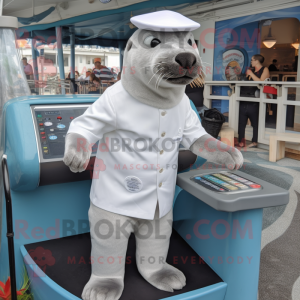 Silver Sea Lion mascot costume character dressed with a Button-Up Shirt and Headbands