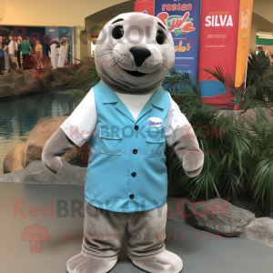 Silver Sea Lion mascot costume character dressed with a Button-Up Shirt and Headbands
