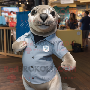 Silver Sea Lion mascot costume character dressed with a Button-Up Shirt and Headbands