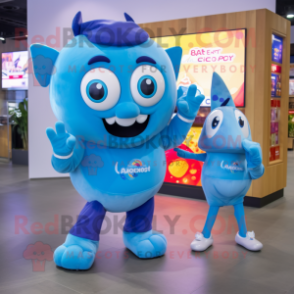Blue Ceviche mascot costume character dressed with a Romper and Smartwatches
