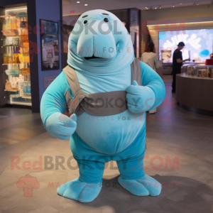 Cyan Walrus mascot costume character dressed with a Jeggings and Cummerbunds