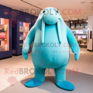 Cyan Walrus mascot costume character dressed with a Jeggings and Cummerbunds