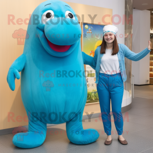 Cyan Walrus mascot costume character dressed with a Jeggings and Cummerbunds